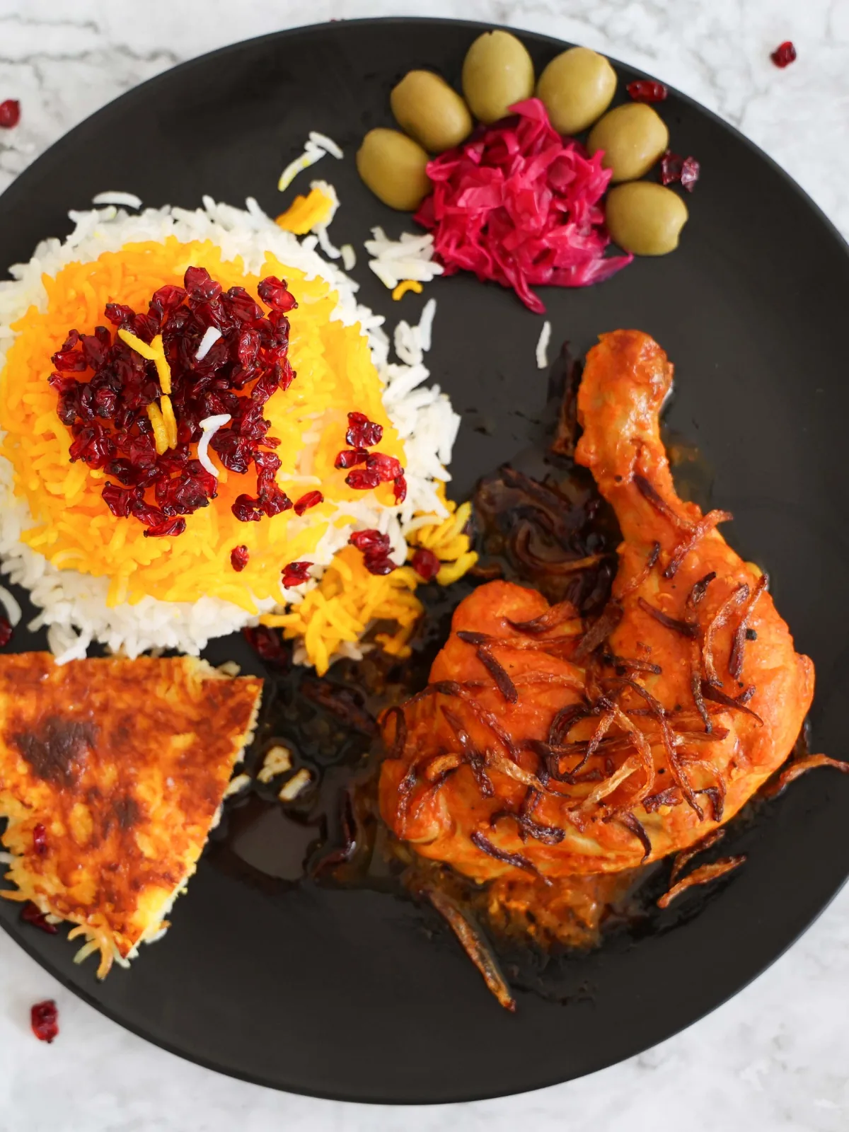 Saffron Chicken with Barberry Rice (Zereshk Polo ba Morgh)